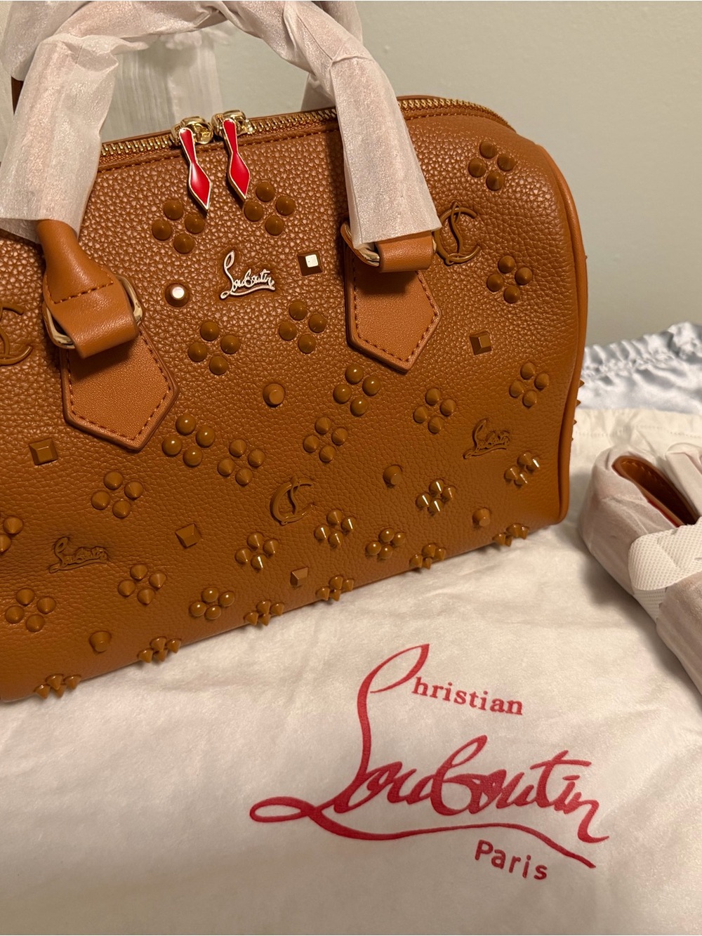 Christian Louboutin Cognac Pebbled Leather Studded Satchel